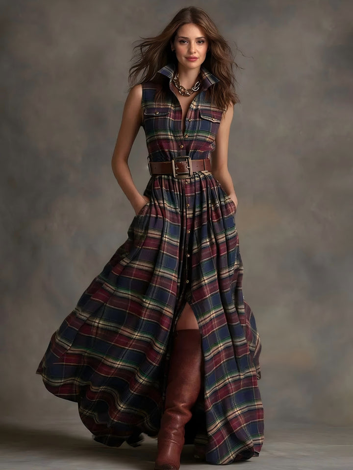 Casual Plaid Print Sleeveless Shirt Maxi Dress