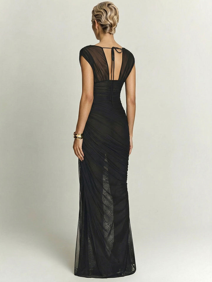 Elegant Sheer Mesh Ruched Deep V-Neck Maxi Dress