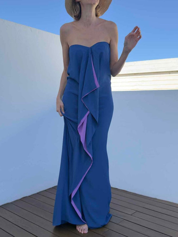 Bohemian Satin Two-Tone Kaftan Maxi Dress