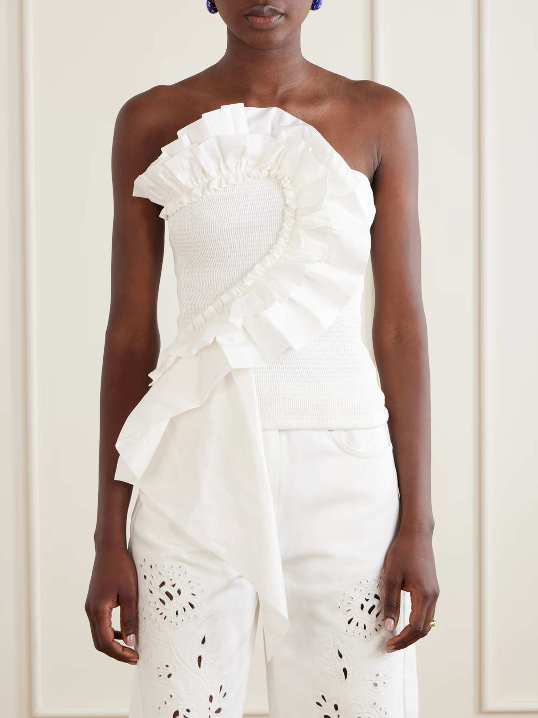 Exquisite Ruffle Tube Top & Eyelet Wide-Leg Pants Two-Piece Set