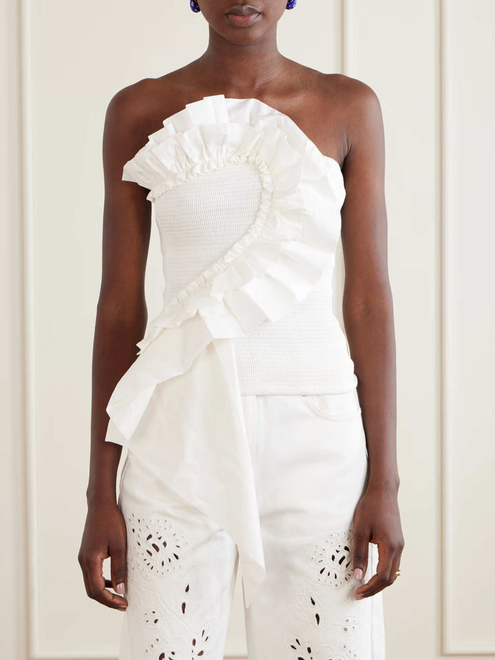 Exquisite Ruffle Tube Top & Eyelet Wide-Leg Pants Two-Piece Set