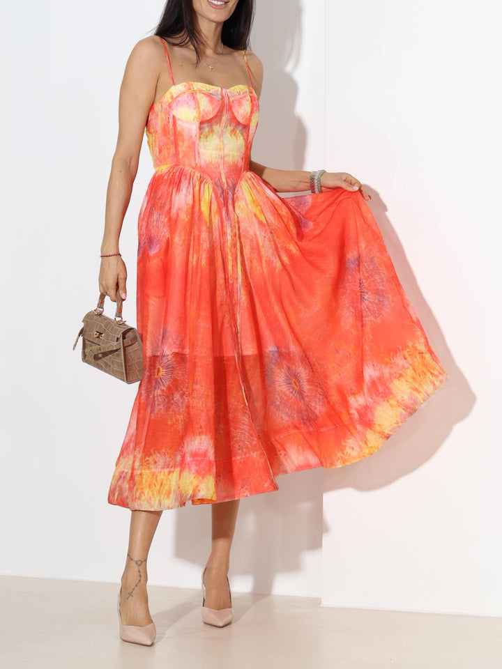 Elegant Flame Gradient Tie-dye Print Flowing Midi Dress