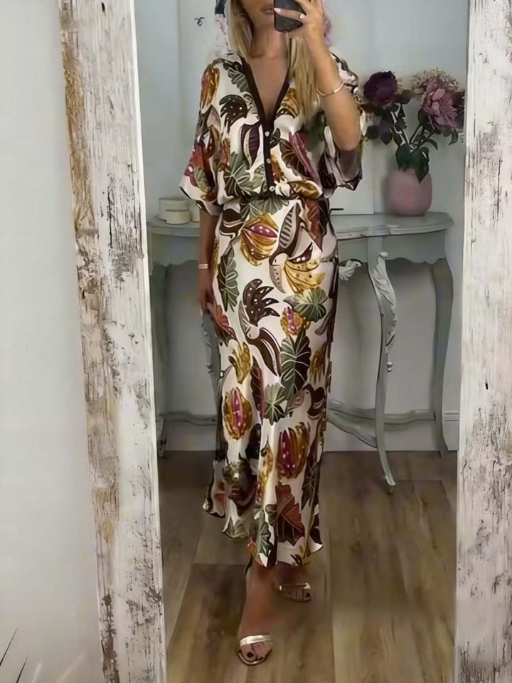 Retro Jungle Palm Leaf Satin Print Batwing Sleeve Shir