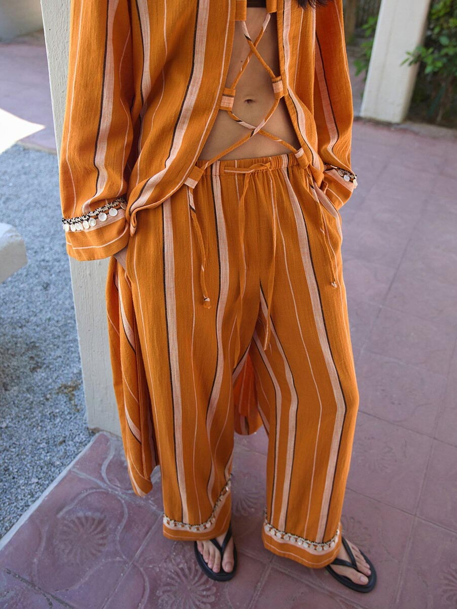 Casual Striped Lace-Up Top & Wide-Leg Pants Two-Piece Set