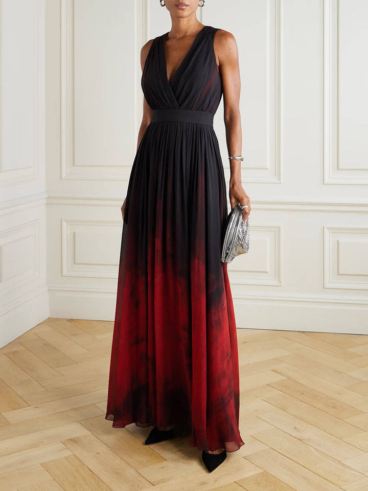 Elegant Printed Gradient Chiffon Pleated Printed Maxi Dress
