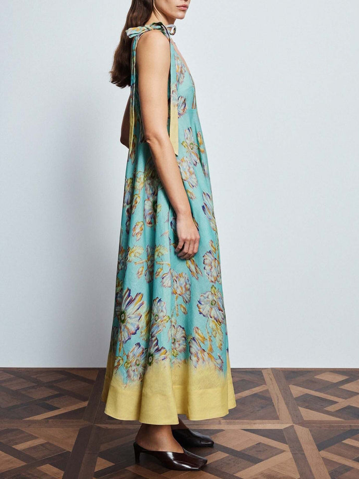 Elegant Floral Print Tie-Shoulder Maxi Dress
