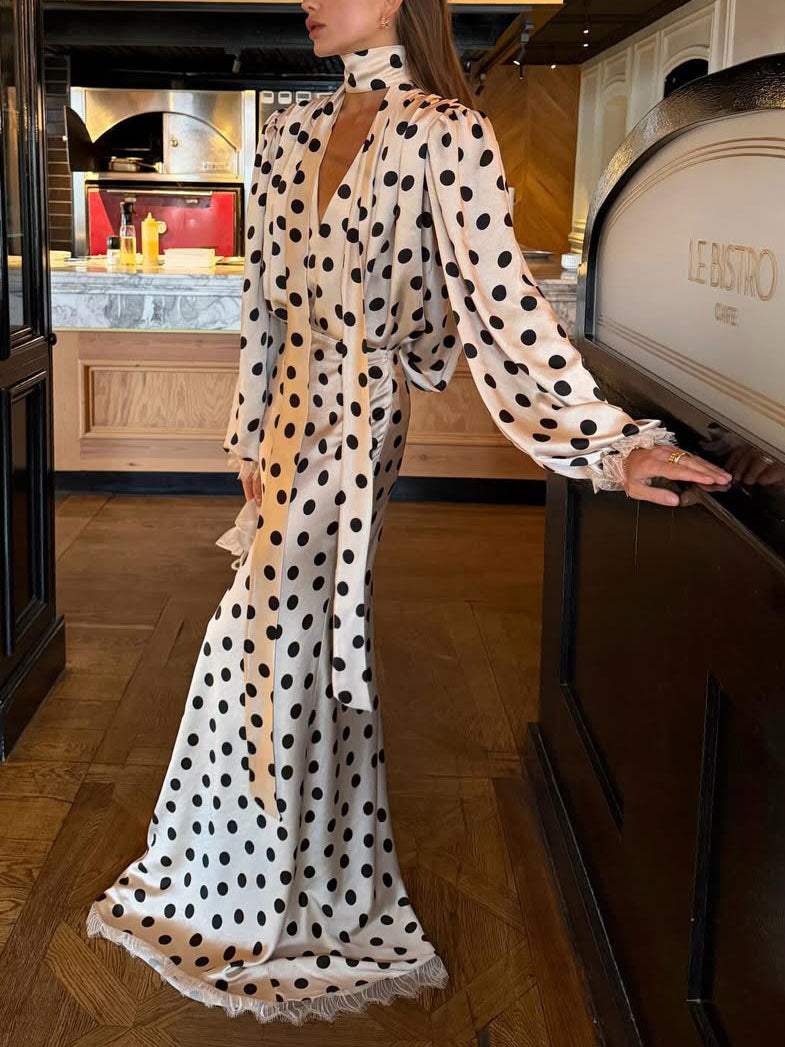 Elegant Polka Dot Blouse & Maxi Skirt Two-Piece Set