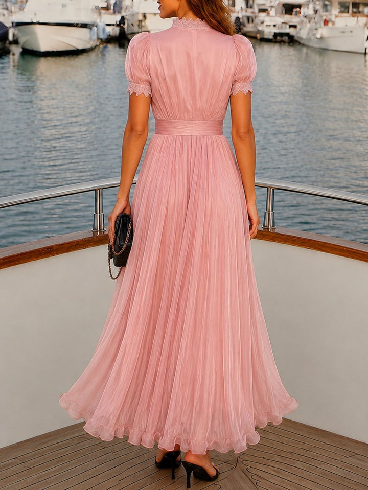 Elegant Lace Trim Pleated Chiffon Maxi Dress