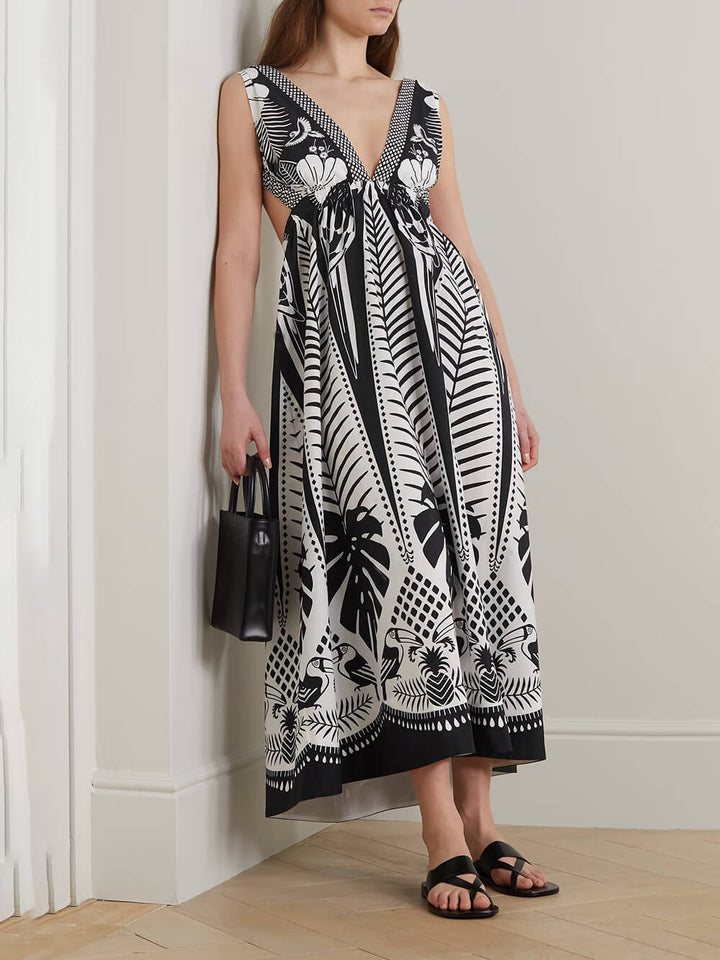 Elegant Open-Back Floral Print Satin Maxi Dress