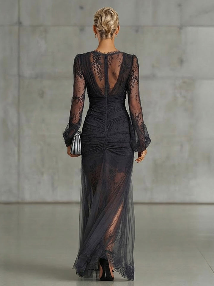 Charming Sheer Tulle Lace High Slit Maxi Dress