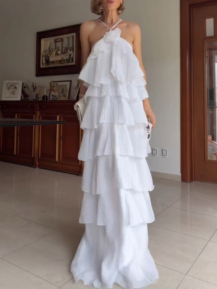 Elegant Tiered Ruffle Halter Maxi Dress