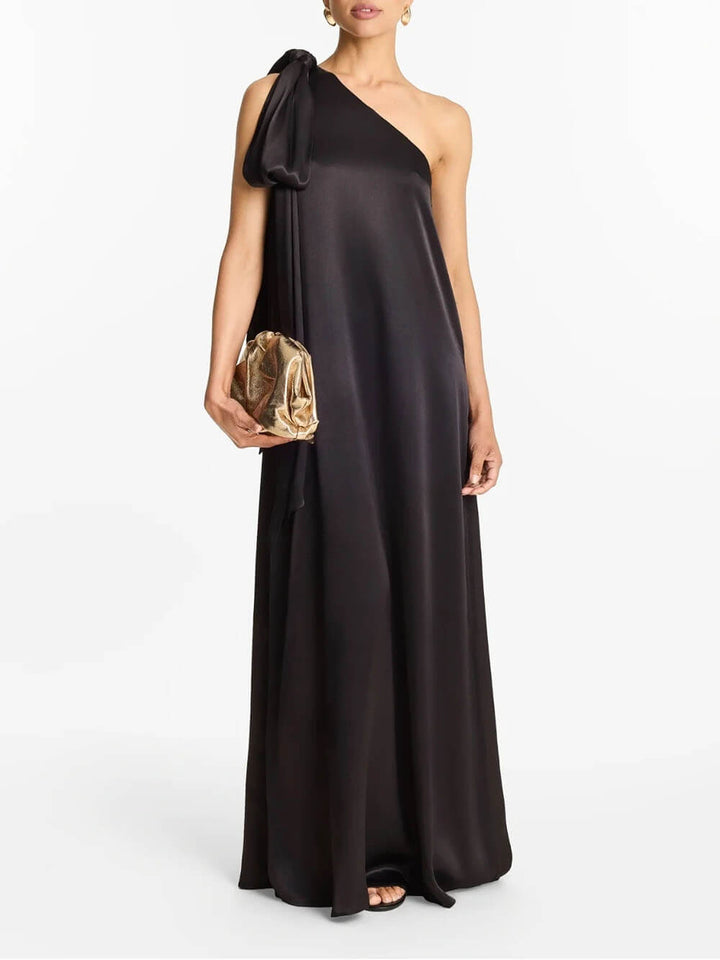Elegant One-Shoulder Bow-Detail Flowing Maxi Dress