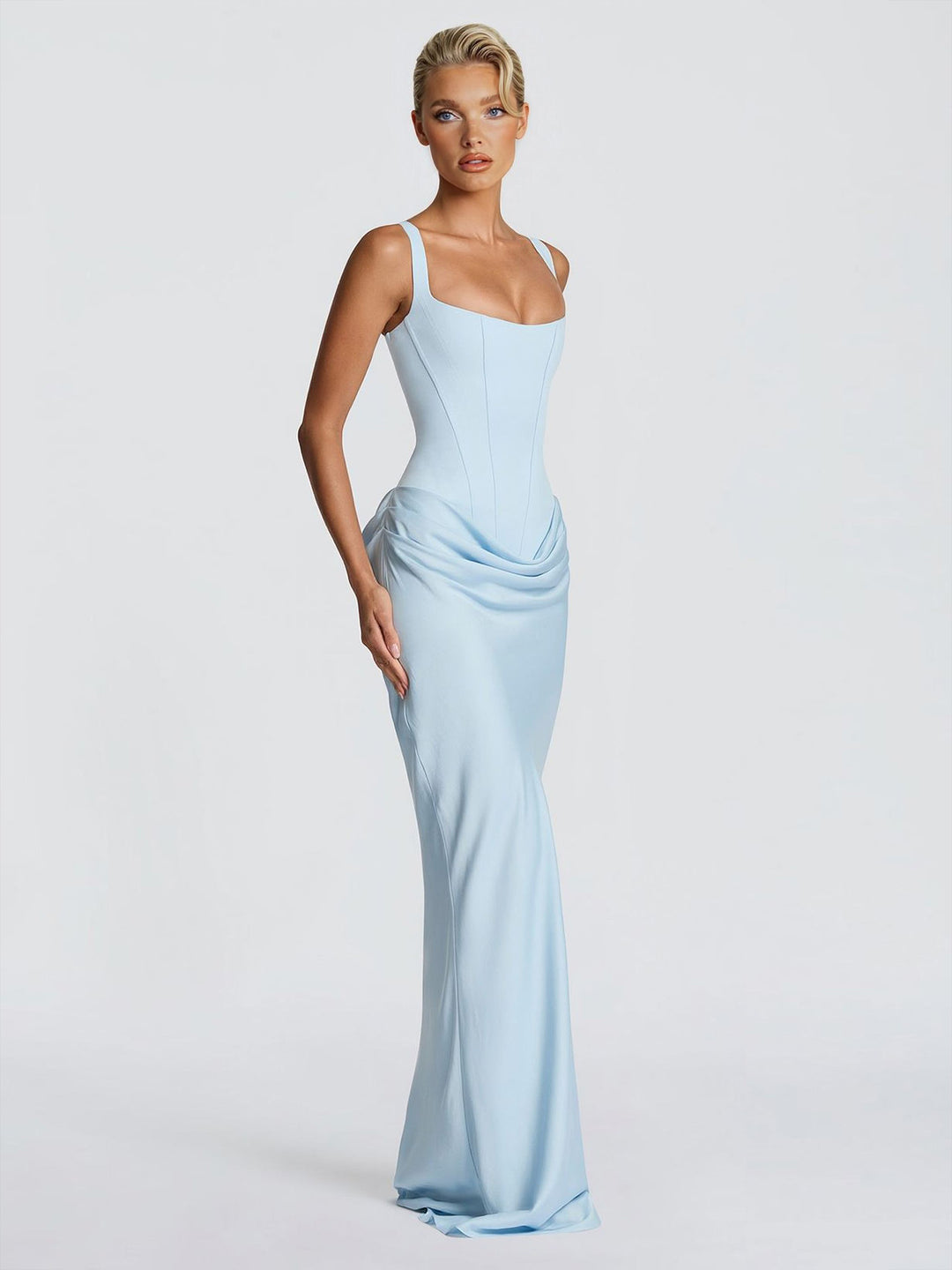 Elegant Square Neck Cinched Top & Ruched Waist Draped Maxi Dress