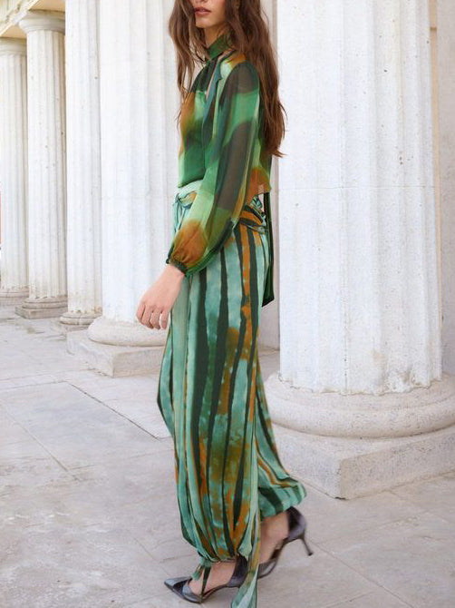 Abstract Watercolor Print Halter &  Pants Two-Piece Set