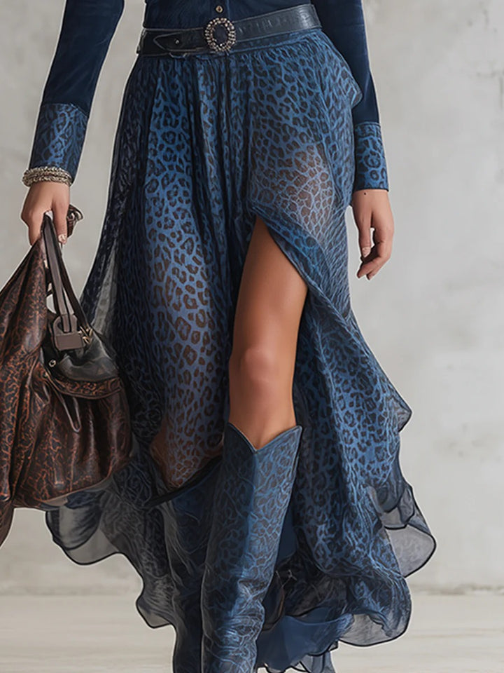 Retro Leopard Print Chiffon Split Maxi Dress
