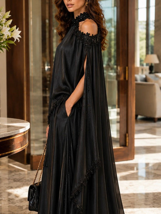 Elegant Lace-Trim Cape Sleeve Satin Pants Set