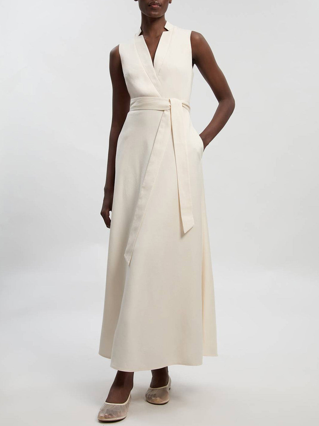 Elegant Sleeveless V-Neck Tie-Waist Satin Maxi Dress