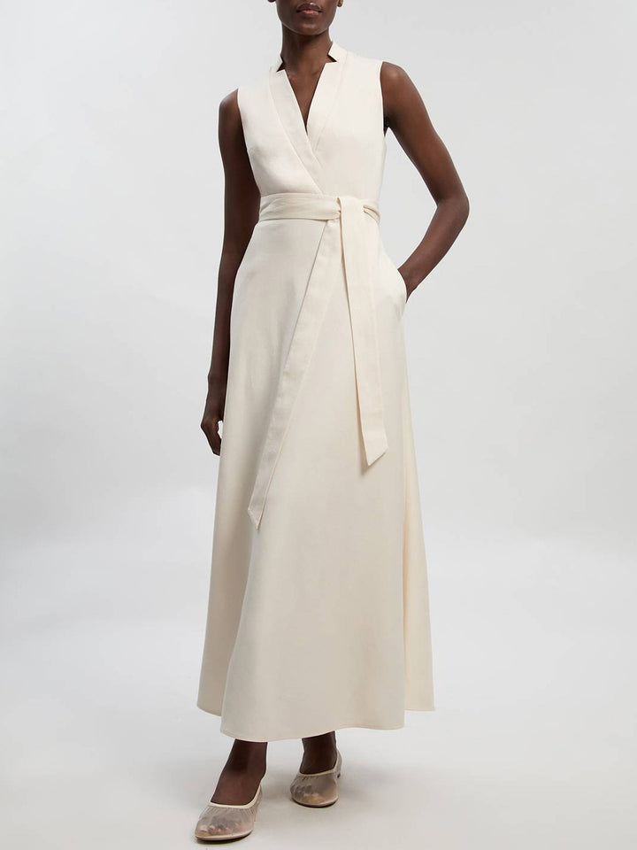 Elegant Sleeveless V-Neck Tie-Waist Satin Maxi Dress