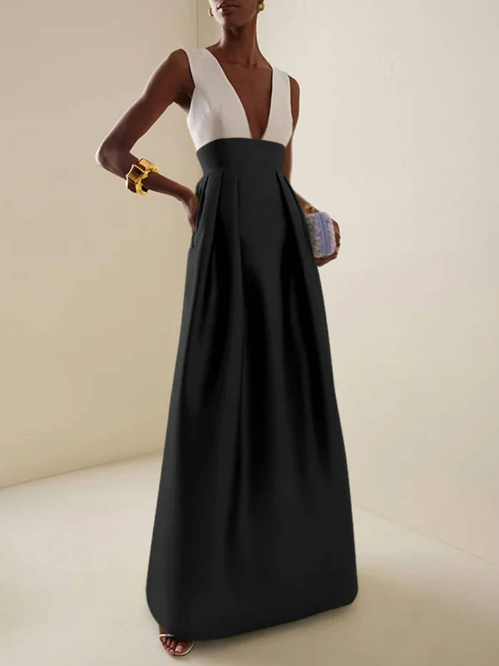 Elegant Deep V-Neck Colorblock Ruched A-Line Maxi Dress