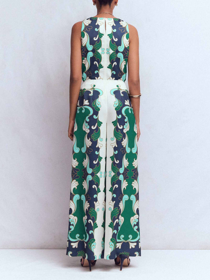 Retro Print Sleeveless Top & Wide-Leg Pants Two-Piece Set