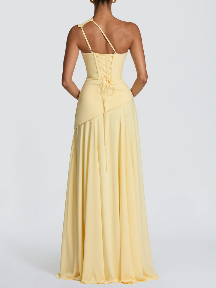 Elegant One-Shoulder Ruched Chiffon Tie-Waist Maxi Dress