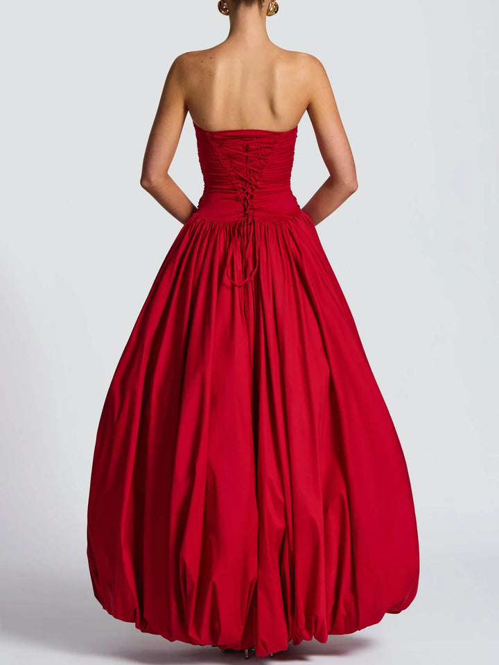Elegant Strapless Ruched High-Slit Ball Gown Maxi Dress