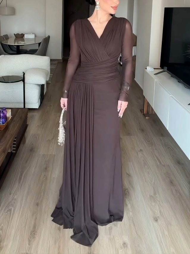 Elegant Long-sleeved Mesh Pleated Maxi Dress