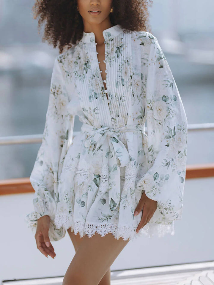Elegant Floral Print Lace Trim Linen Mini Dress