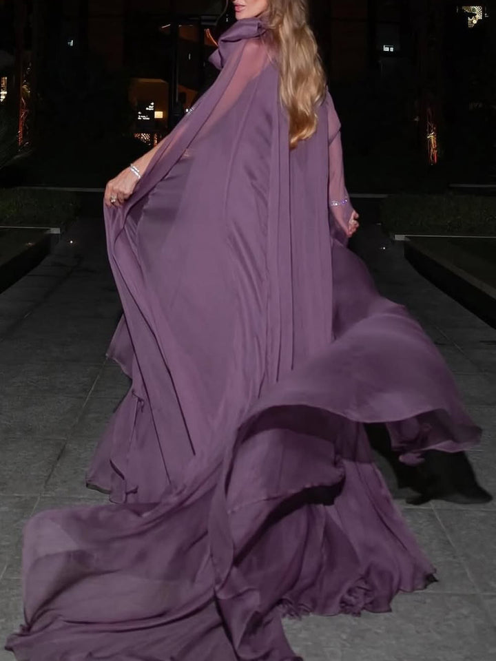Elegant Sheer Chiffon Cape Bow Maxi Dress
