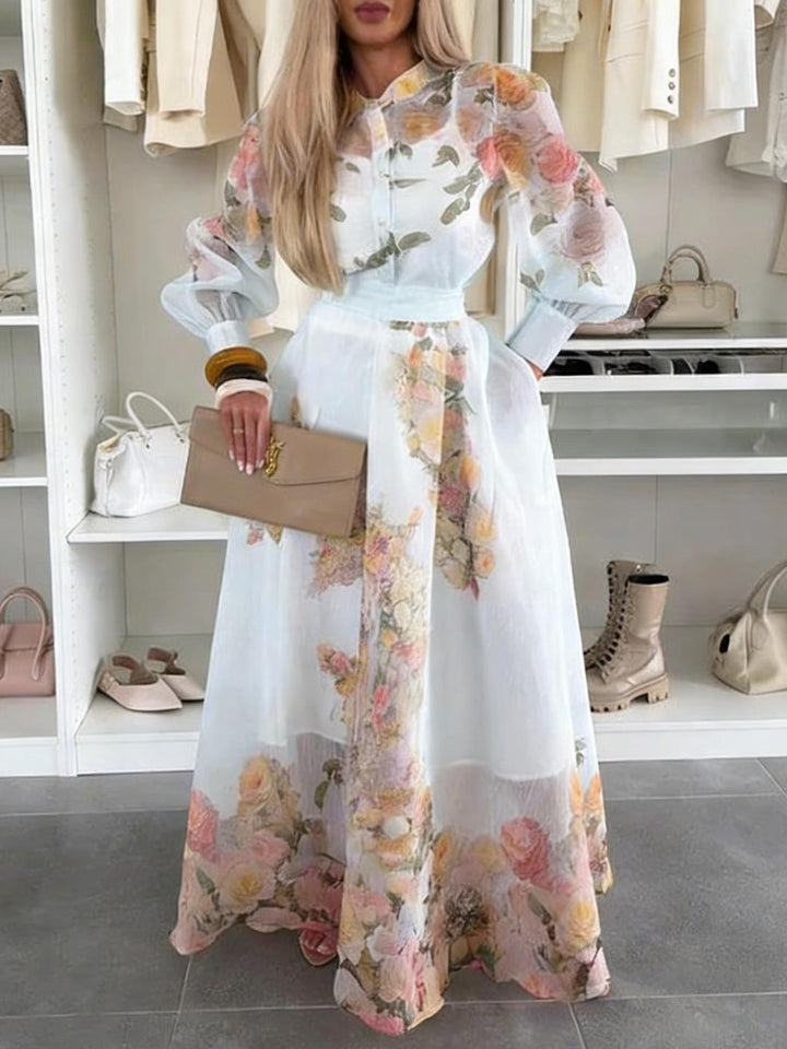 Elegant Sheer Floral Print Long Sleeve Blouse