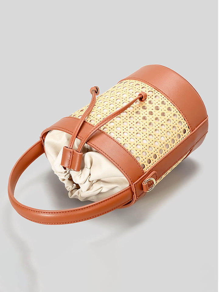 Beach Holiday Hollow Hand-Woven Rattan Drawstring Bucket Bag