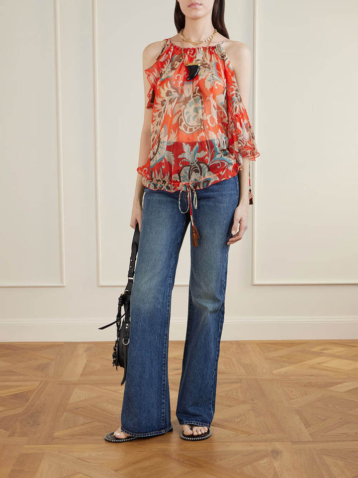 Modern Off-Shoulder Asymmetric Fringe Ruffle Printed Chiffon Blouse