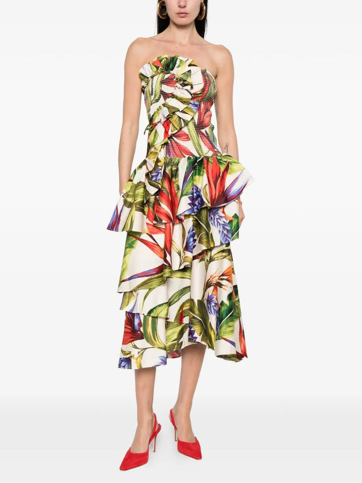 Tropical Floral Strapless Tiered Ruffle Midi Dress