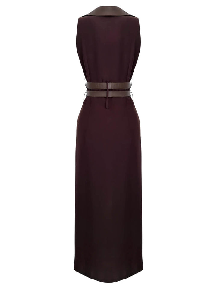 Retro Fashion Brown Lace-Up Zipper Maxi Dress