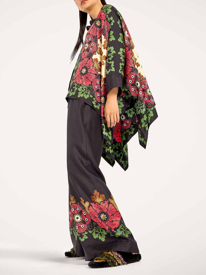 Exquisite Satin Floral Print Kimono Shirt Two-Piece Set
