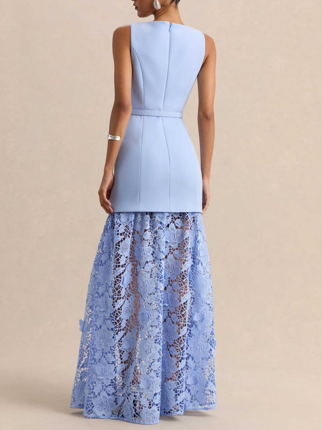 Elegant Boat Neck Belted Lace Hem Maxi Dress