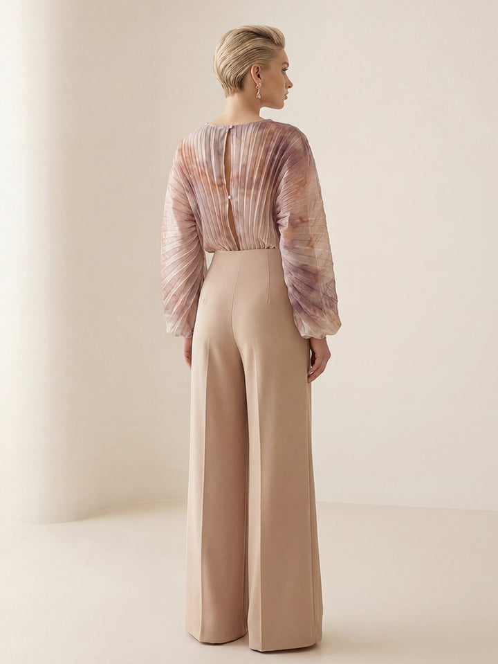 Elegant Pleated Long Sleeve Asymmetrical Wide-Leg Jumpsuit
