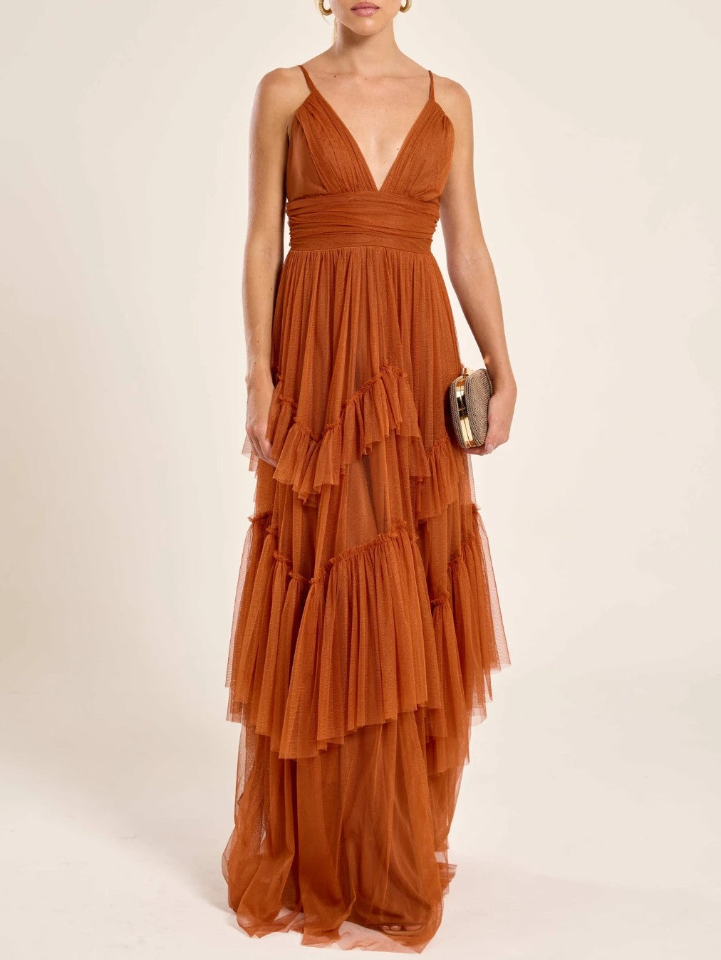 Elegant Deep V-Neck Tiered Tulle Maxi Dress