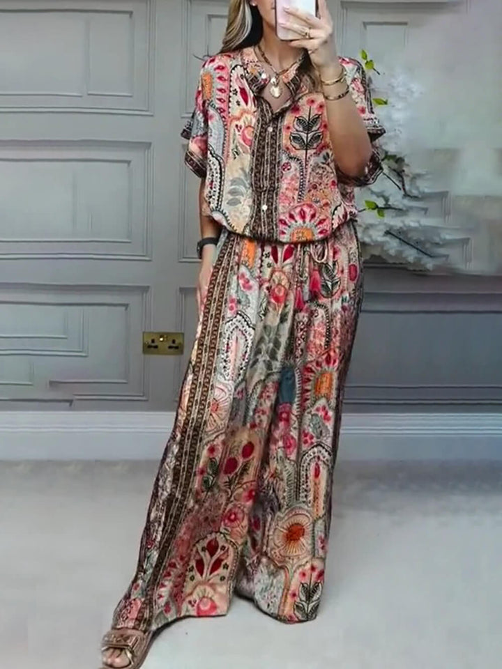 Boho Print Tassel Detail Casual Elastic Waist Pocket Wide-Leg Pants
