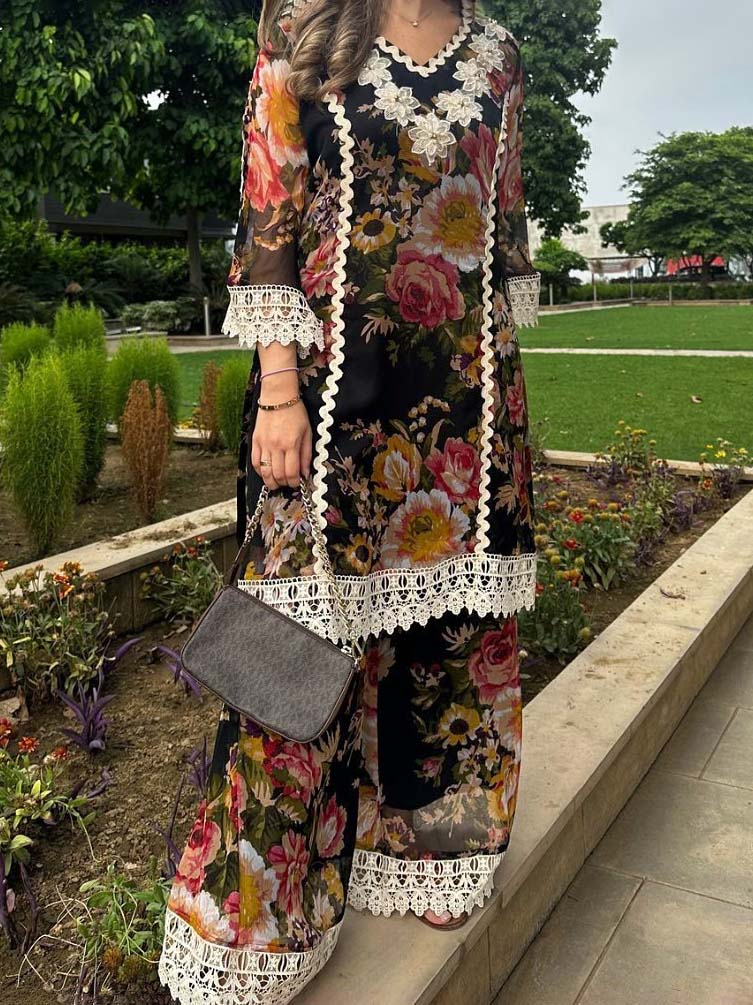 Elegant Floral Print Lace-Hem Wide-Leg Pants