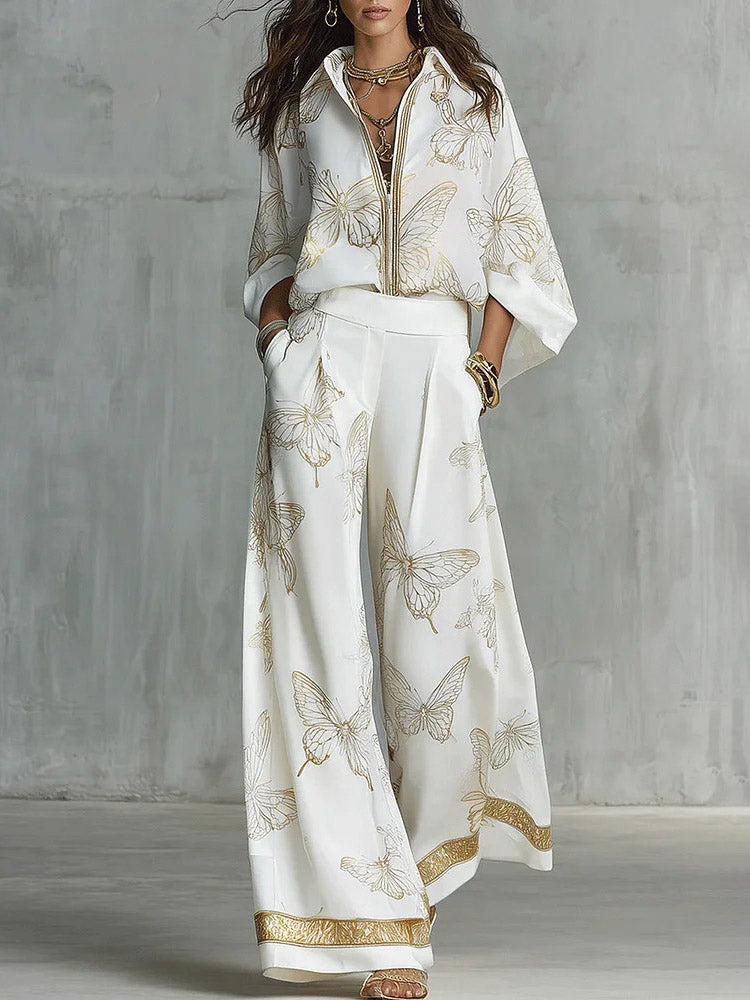 Elegant Butterfly Print Wide-Leg Pants
