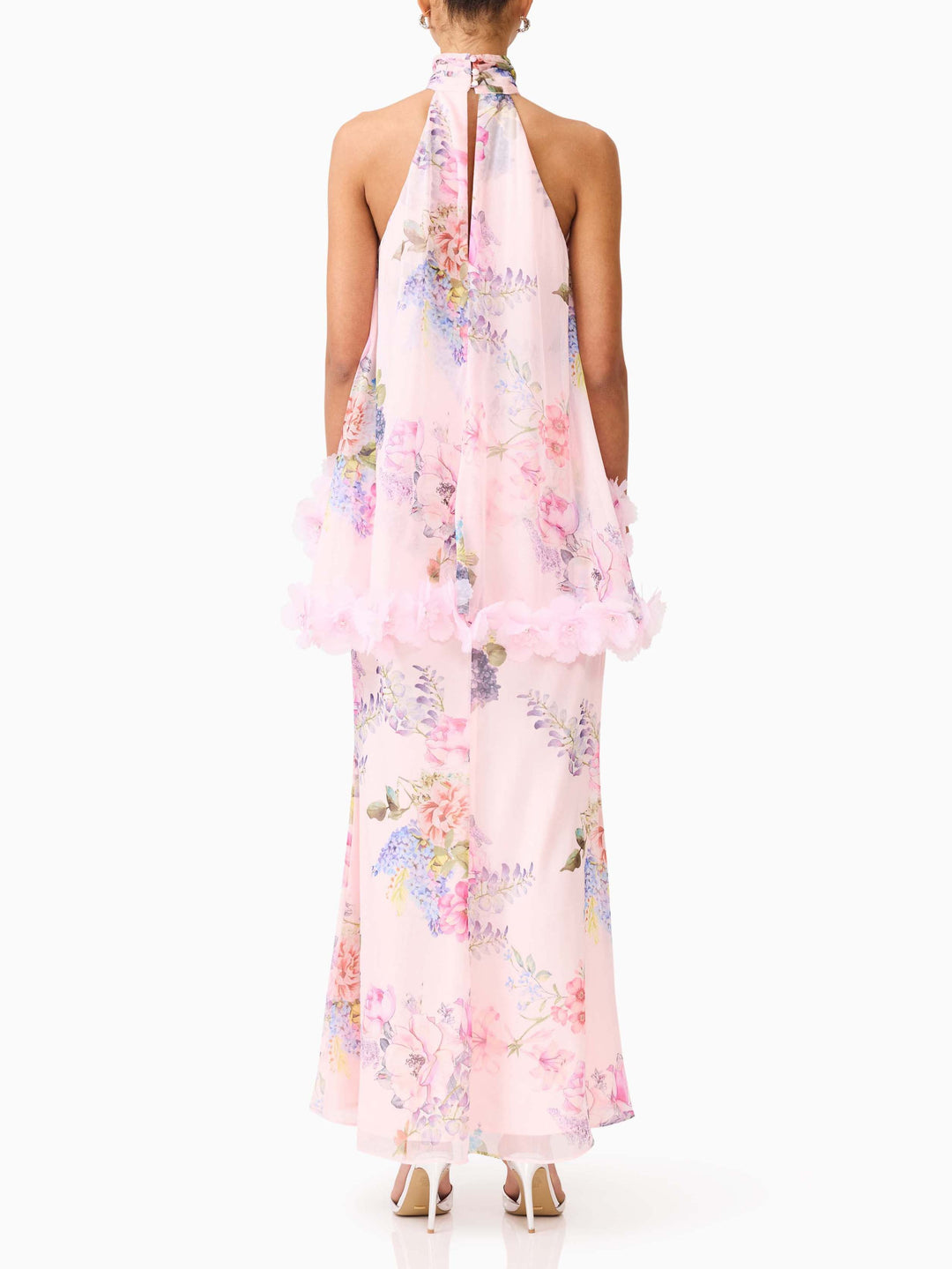 Elegant Pink Floral Applique Halter Maxi Dress