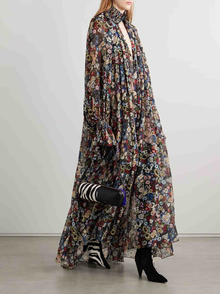 Casual Pleated Printed Chiffon High-Neck Maxi Dress