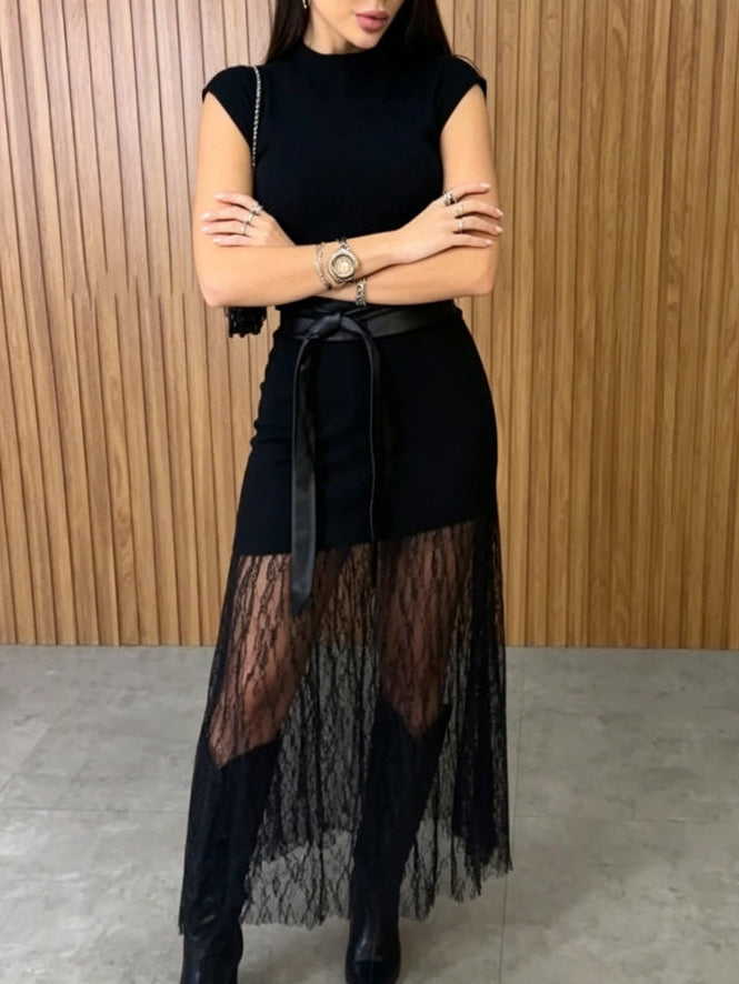 Sleeveless Lace Panel Maxi Dress