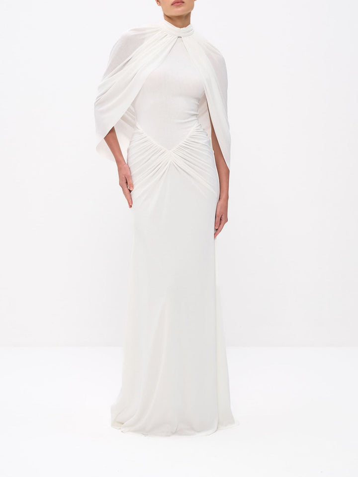 Elegant Cape Sleeve High Neck Pleated Maxi Dress