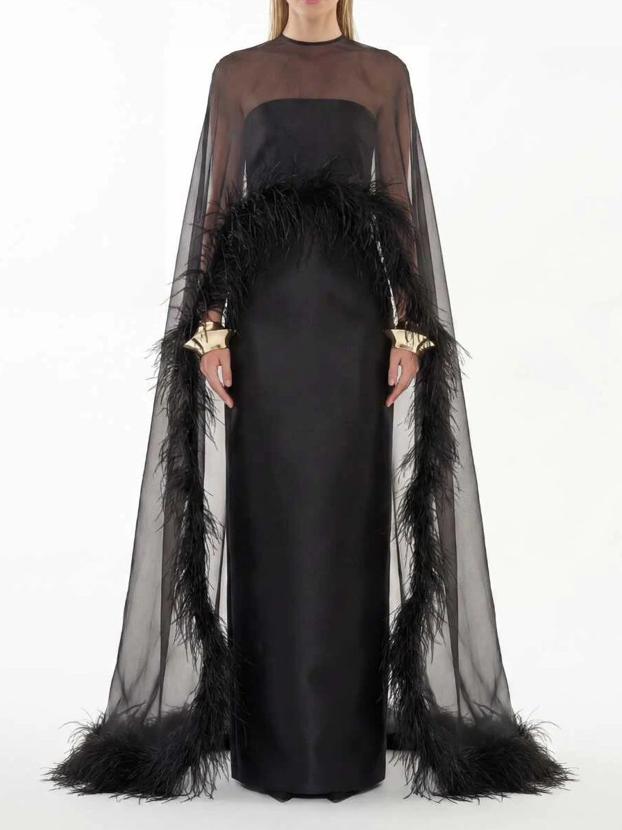 Elegant Sheer Chiffon Shawl Black Satin Maxi Dress