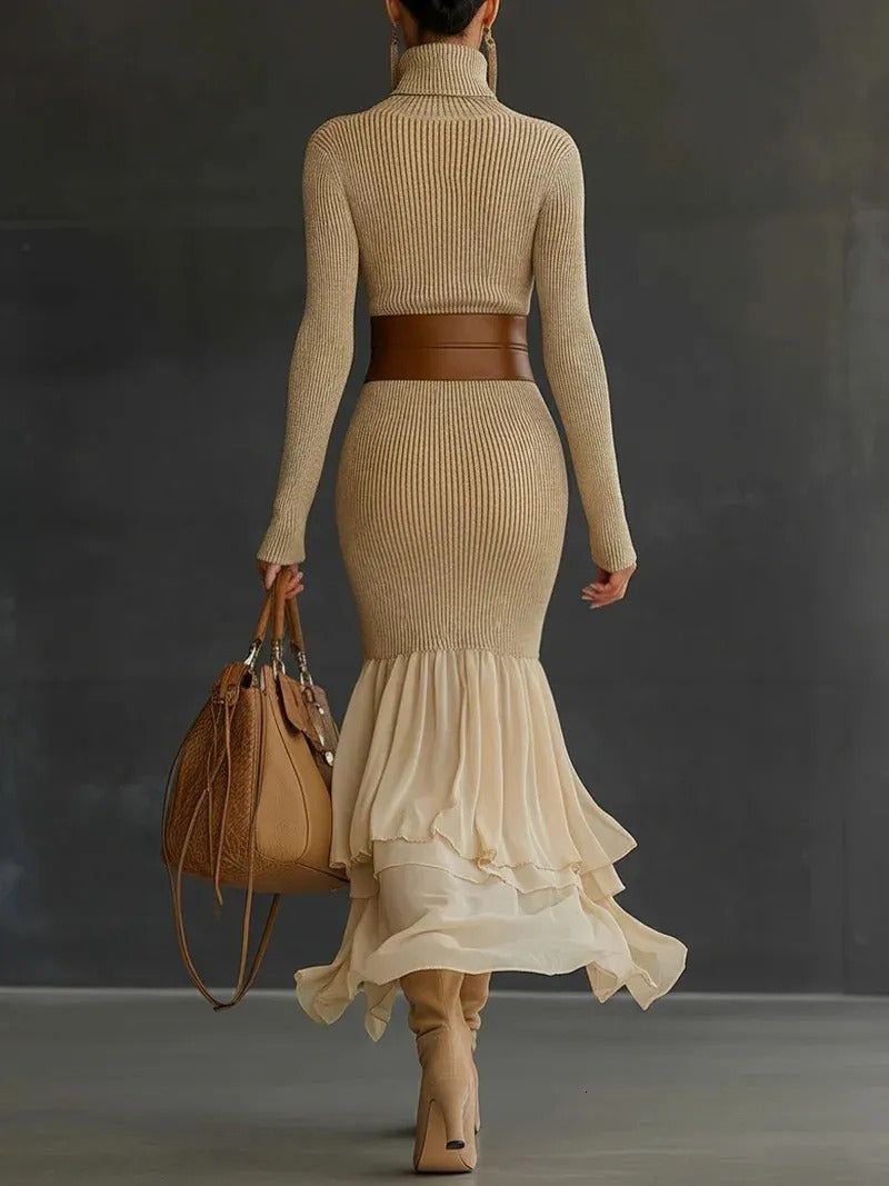 Elegant Asymmetrical Ruffled Knit Midi Dress