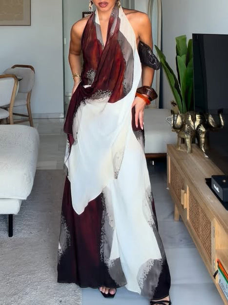 Elegant Abstract Print Halter Maxi Dress