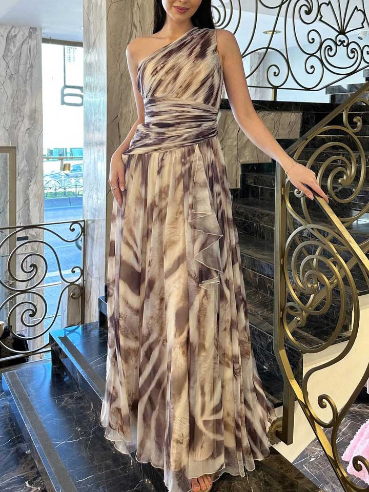 Elegant One-Shoulder Marble Print Chiffon Maxi Dress