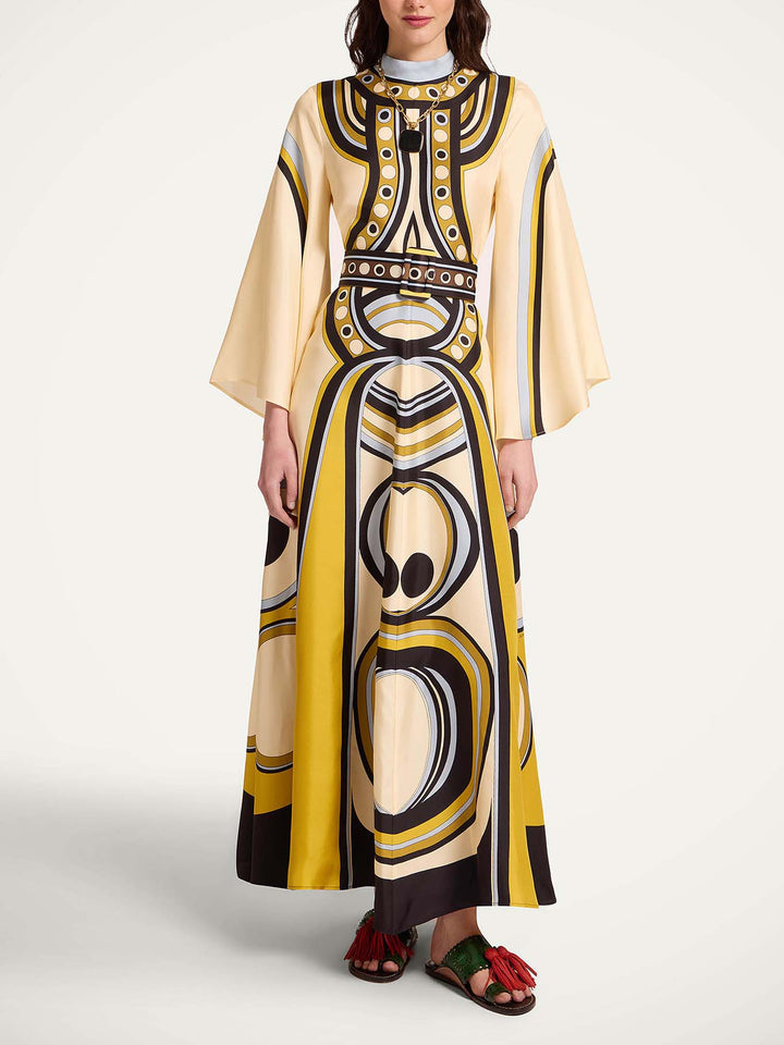 Retro Geometric Print V-Neck Kaftan Maxi Dress